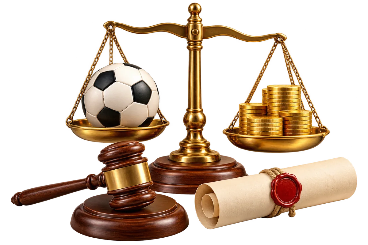 Scale of justice with a soccer ball and gold coins, a gavel and a sealed licence – betting law in Ethiopia