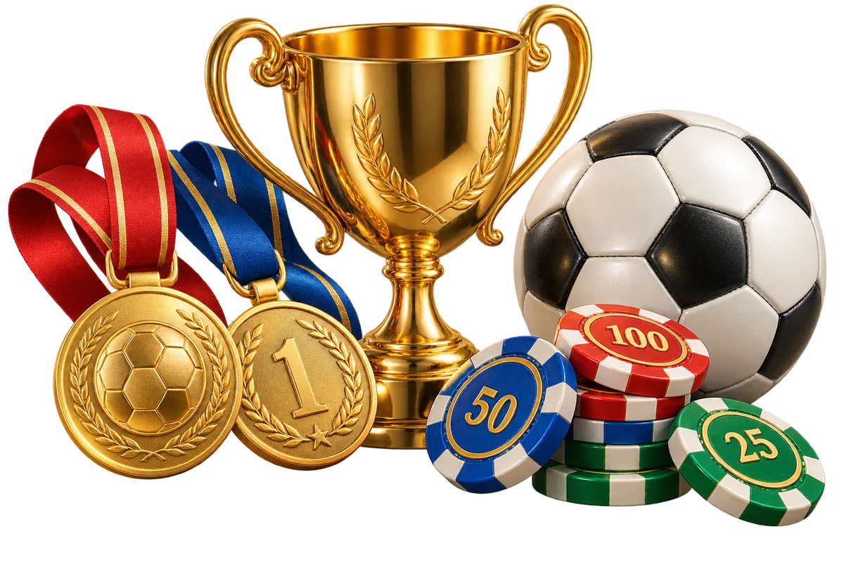 Gold trophy with medals, soccer ball and casino chips – top 10 betting sites in Ethiopia