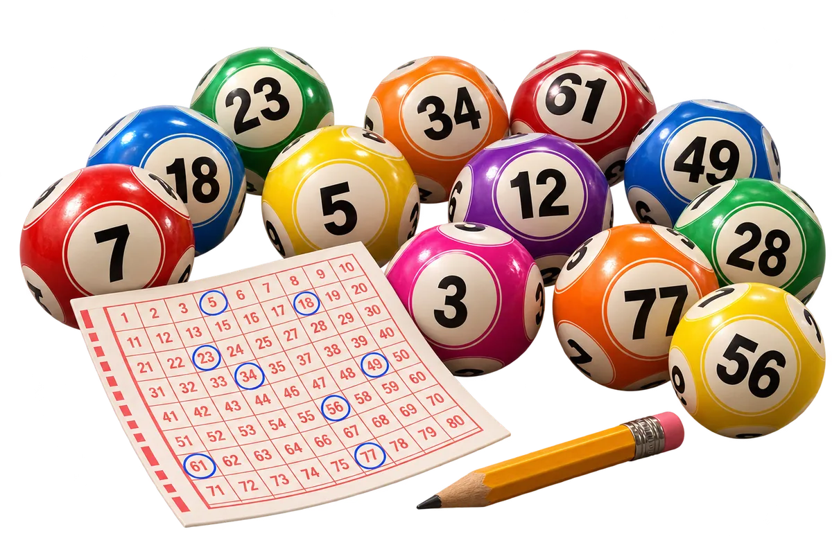 Numbered keno balls and a keno ticket with circled numbers