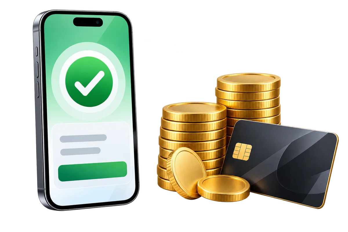 Smartphone with a payment confirmation, gold coins and a bank card – betting payments in birr