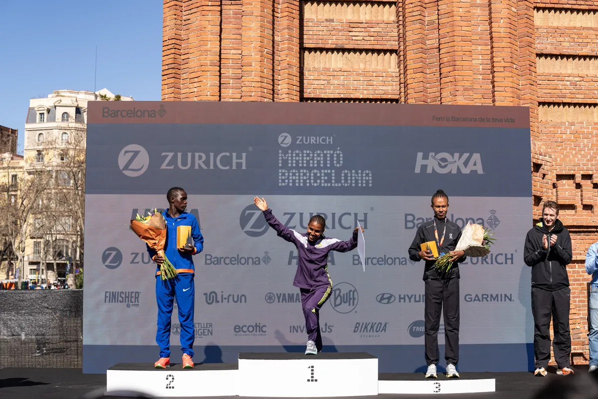 Fotyen Tesfay on the top step of the podium, Barcelona Marathon, March 2026