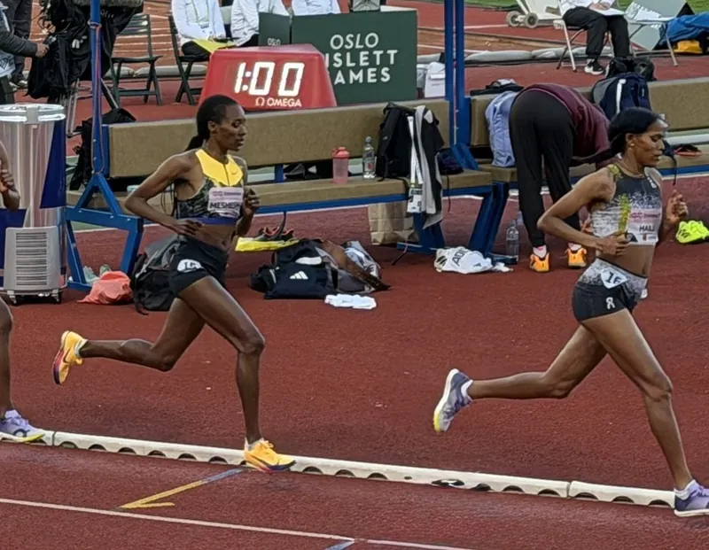 Freweyni Hailu (right, bib 16) in the women's 3000 m at the Bislett Games, Oslo, June 2026