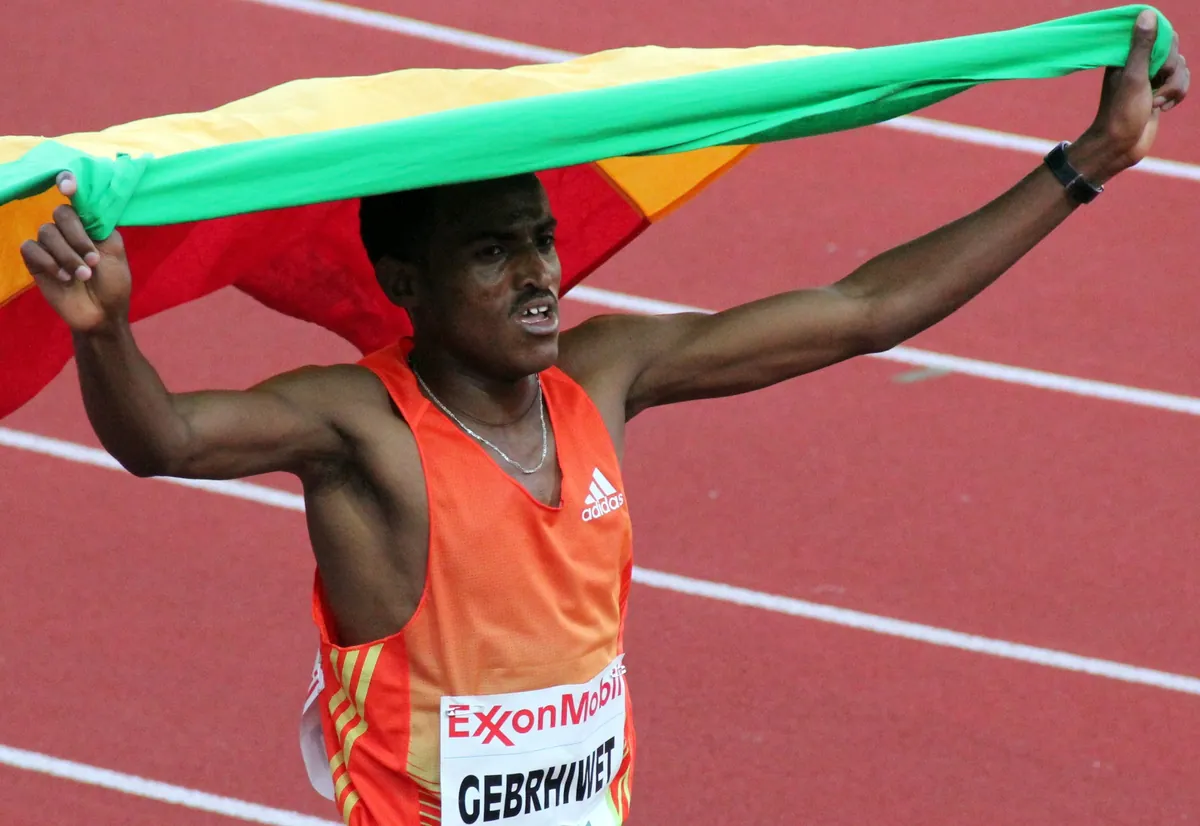 Hagos Gebrhiwet with the Ethiopian flag at the Bislett Games, Oslo, June 2012