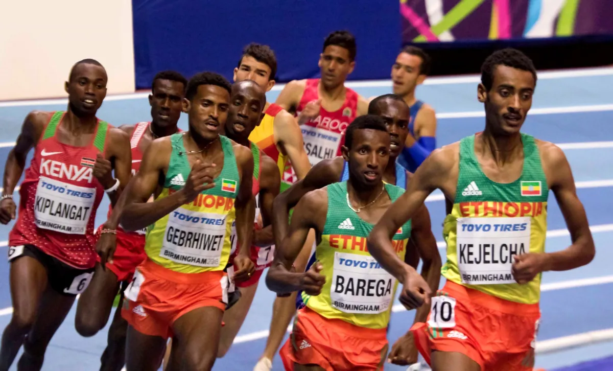 Selemon Barega (centre) in the 3000 m final of the World Indoor Championships, Birmingham, March 2018
