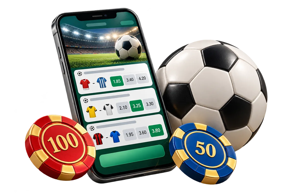 Smartphone with a football betting slip, soccer ball and casino chips